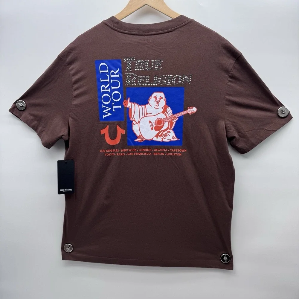 True Religion Crystal Poster Buddha Tee Men's L Brown Crew Neck Rhinestone